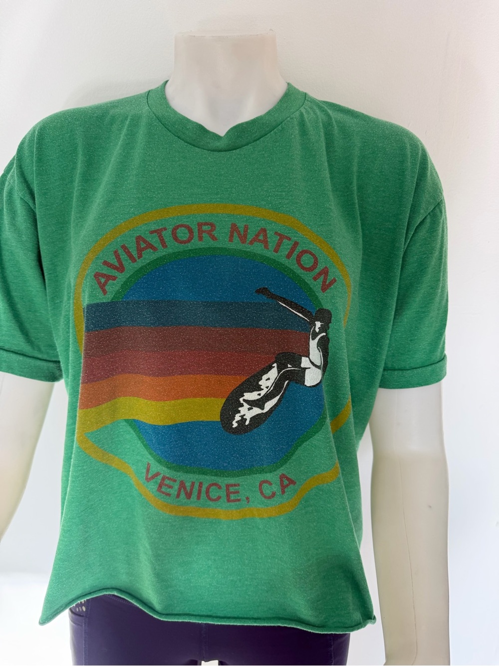 Aviator Nation Venice CA Graphic Green Cropped T-Shirt Tee Size Large L - Picture 7 of 7